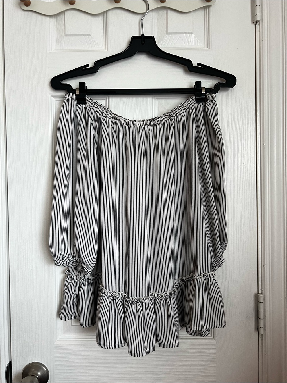 White House Black Market Black & White Striped Off-Shoulder Blouse